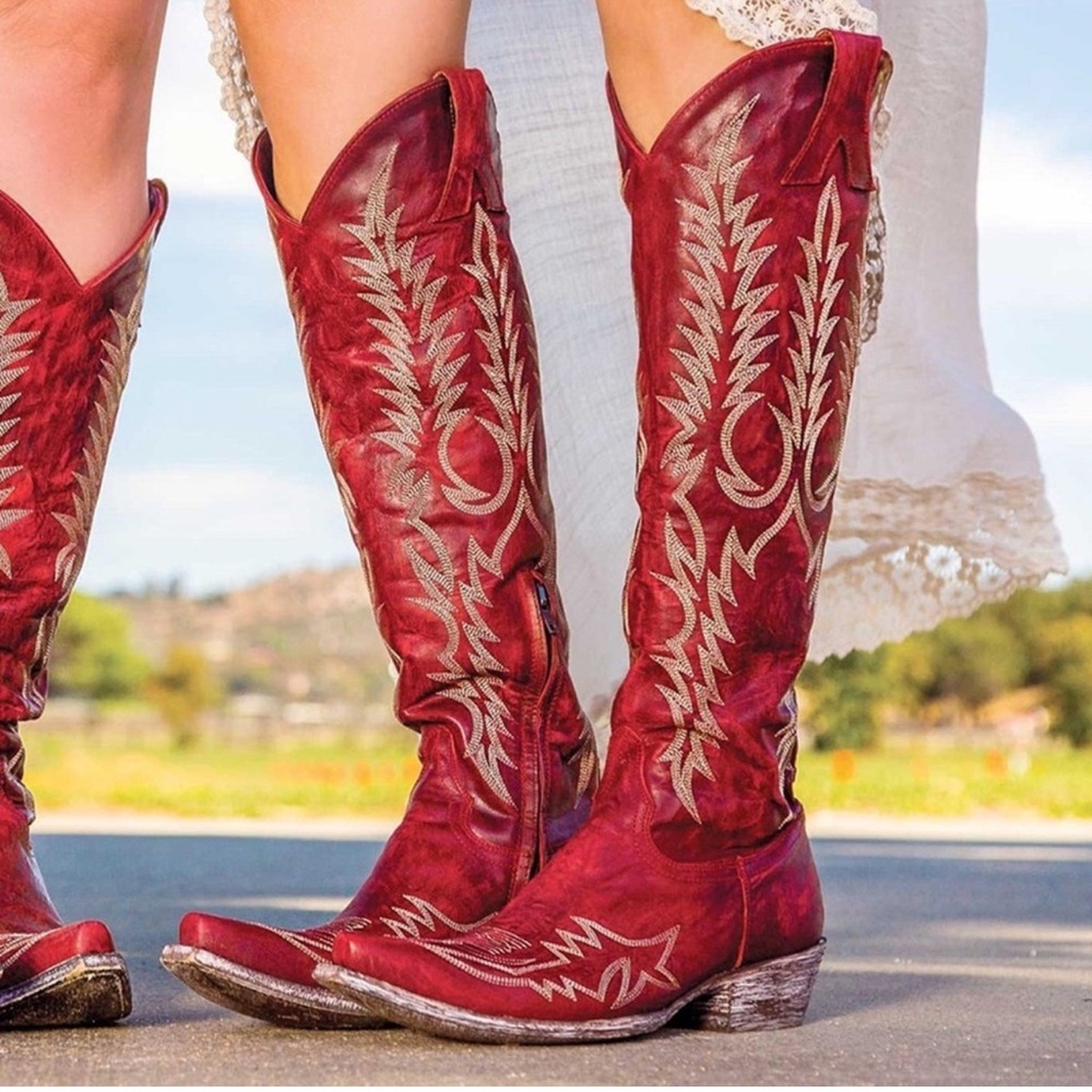 Old Gringo Red Embroidered Leather Knee-High Heeled Boots